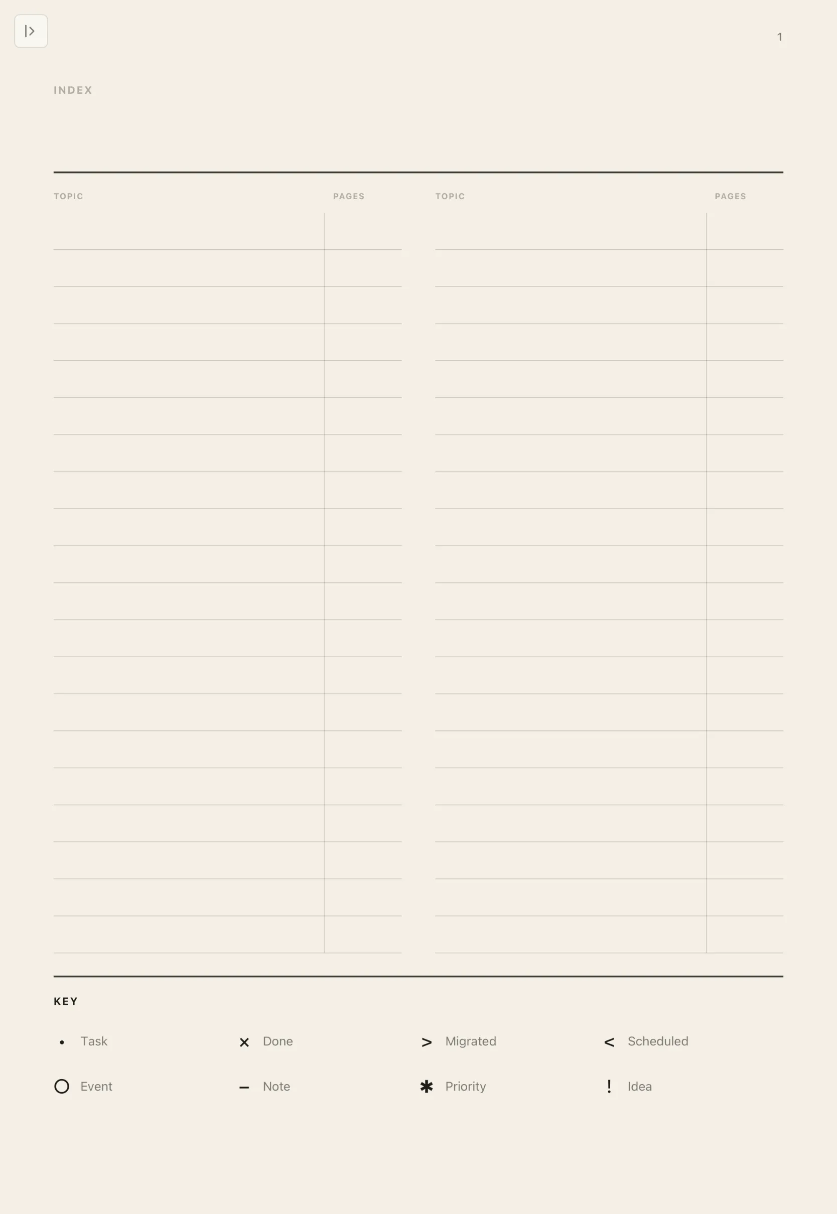 The bullet journal index, with more journal pages behind it.