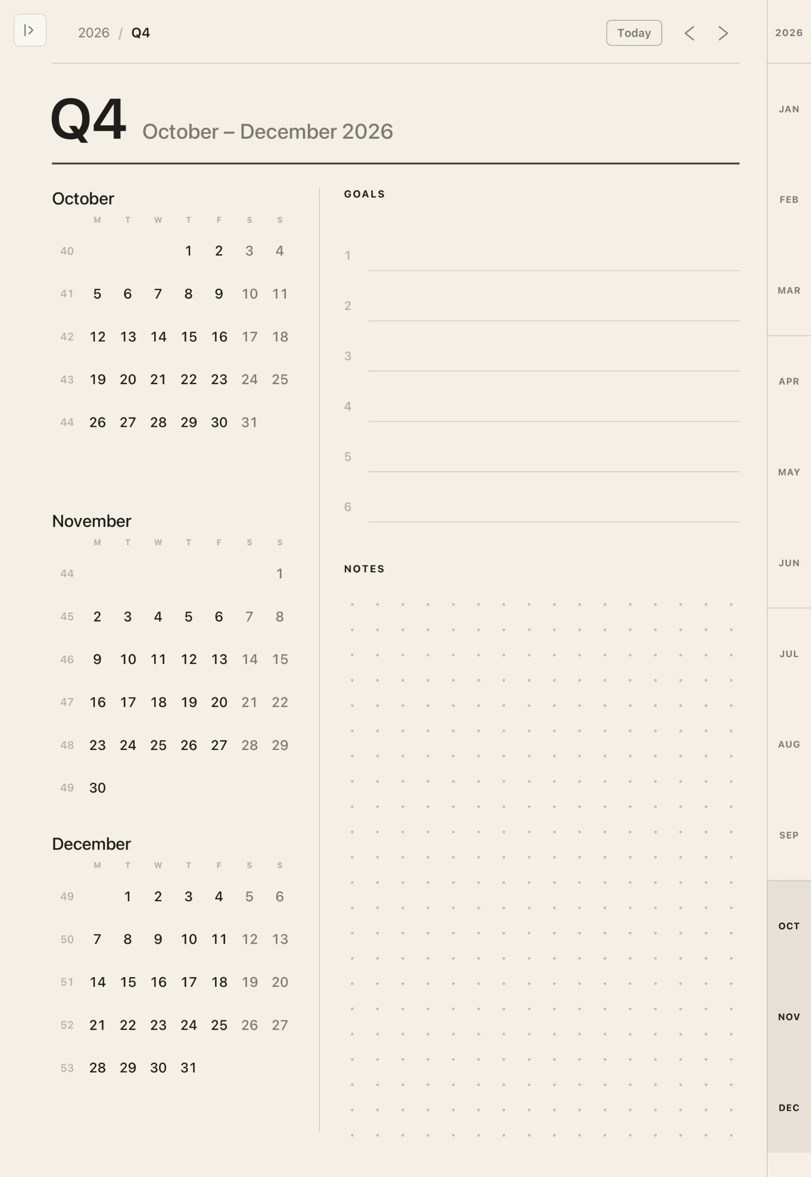 The quarter page of the Notebook planner.