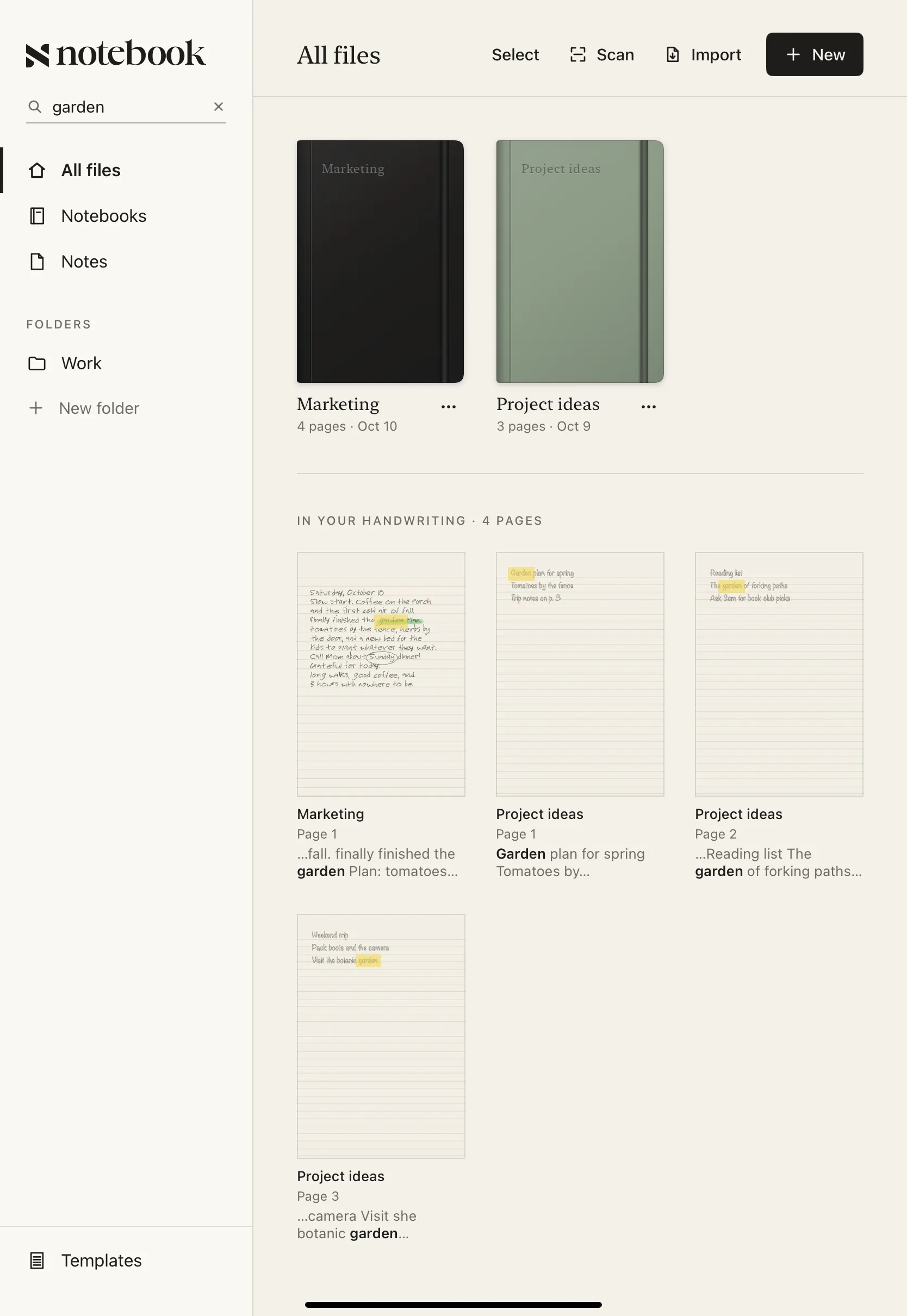 Library search results, each page showing the matched handwriting highlighted.